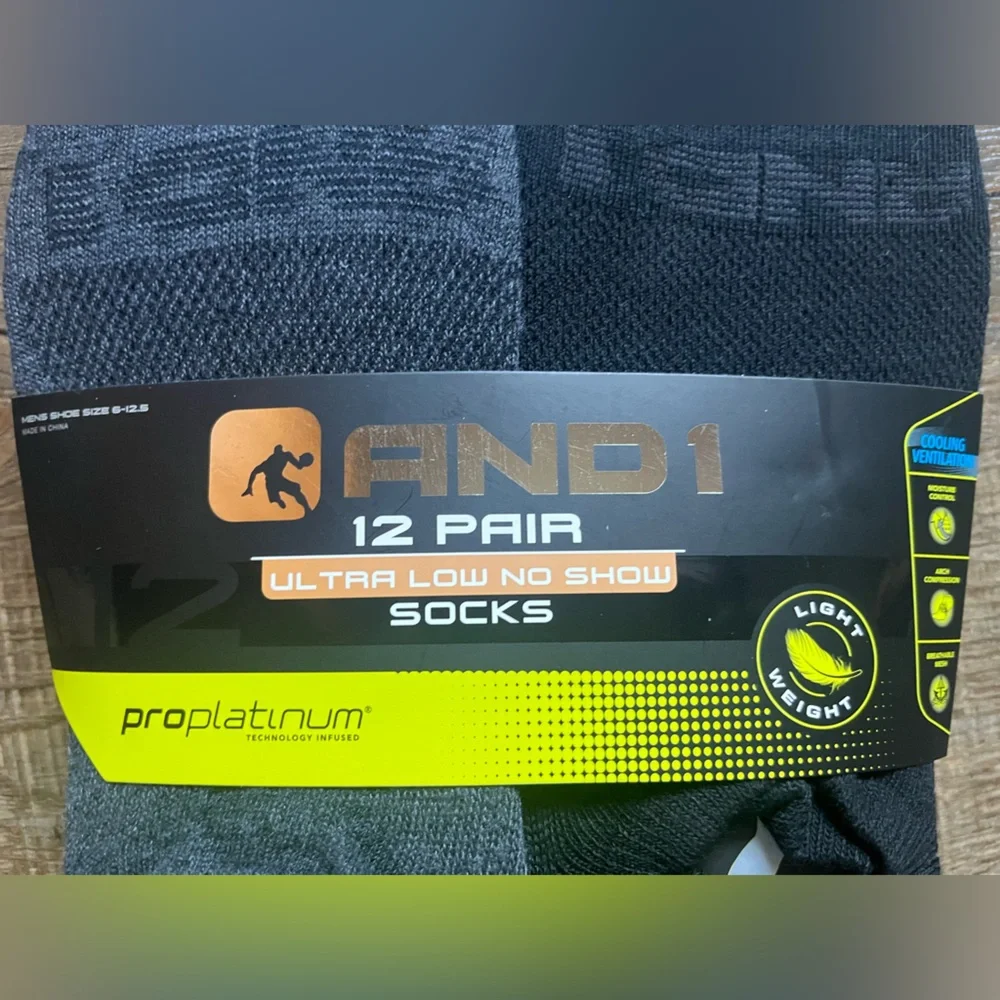 12 pk AND1 Men's Ultra Low No Show Socks - Black and Gray. NWT. Shoe size 6-12.5